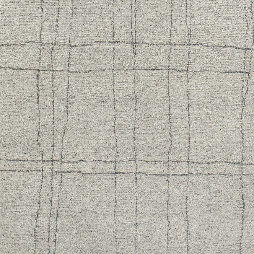 Close-up of Saldanha Premium Rug. Hand-knotted wool and viscose rug in light gray with charcoal grid pattern. Contemporary style. Swatch