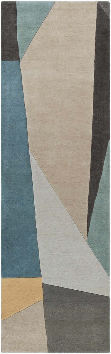 Close-up of the Salida Modern Wool Rug featuring a geometric design in charcoal, sage, taupe, and gray hues. Design-Runner-268