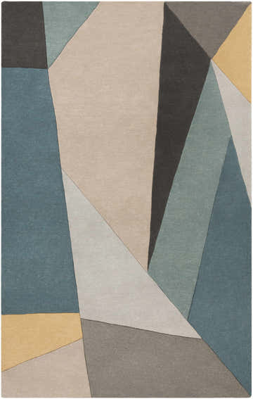 Close-up of the Salida Modern Wool Rug, featuring a geometric design in charcoal, sage, gray, taupe, and dusty sage hues. Design-Rectangle-58