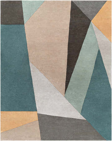 Close-up of the Salida Modern Wool Rug featuring a geometric design in charcoal, sage, taupe, and gray hues. Design-Rectangle-7696
