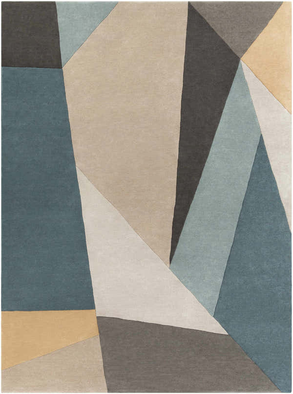 Close-up of the Salida Modern Wool Rug featuring geometric shapes in charcoal, sage, taupe, and gray tones. Design-Rectangle-811