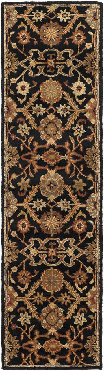 Close-up of the Salix Hand Tufted Black Wool Rug, showcasing its floral pattern in black, brick red, camel, and tan hues. Design-Runner-38