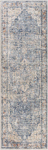 Close-up of the Salmo Area Rug, a clearance item, featuring a traditional pattern in denim, cream, and brick red hues. Design-Runner-268