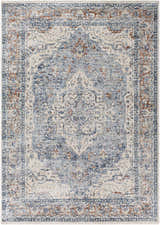 Close-up of the Salmo Area Rug. Traditional design in denim, cream, brick red, and gray. Machine-woven polyester rug. Design-Rectangle-579
