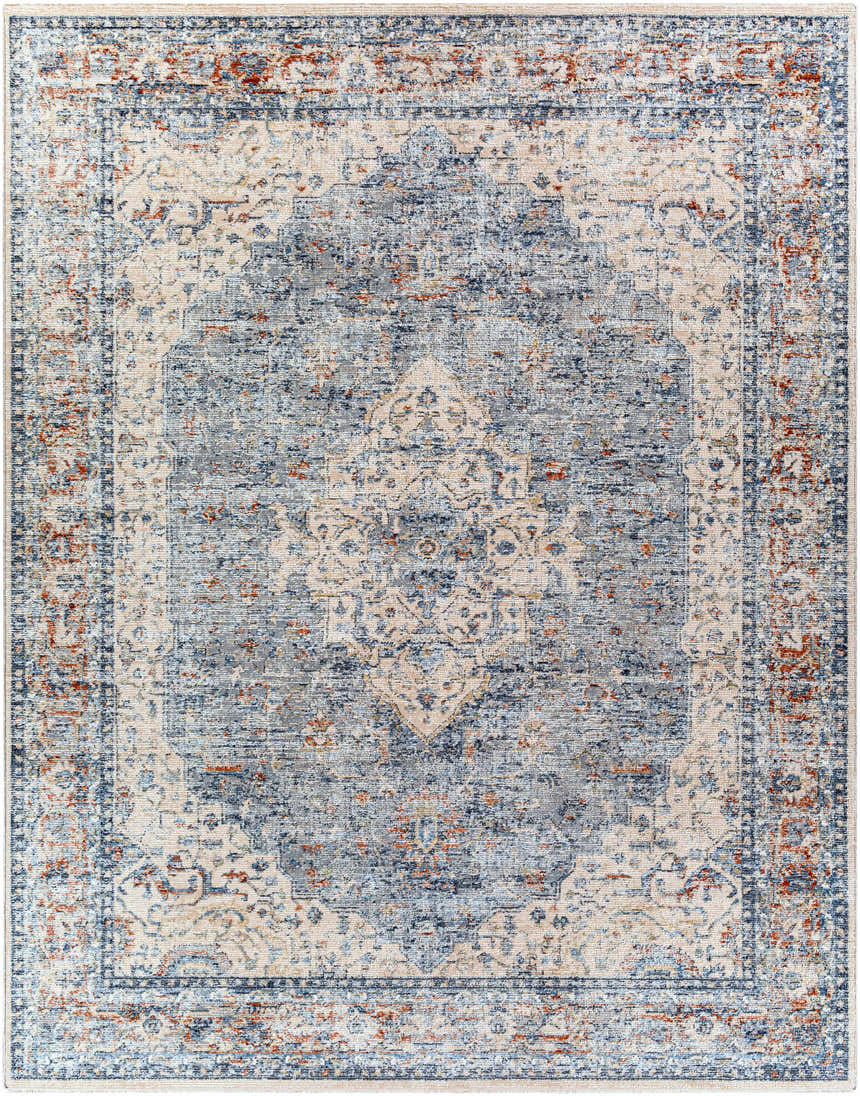 Detailed Salmo Area Rug - Clearance with traditional brick red, cream, denim, and navy oriental pattern. Design-Rectangle-71010