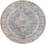 Close-up of round Salmo Area Rug. Features a traditional, distressed pattern in denim, cream, and brick red tones. Design-Round-710