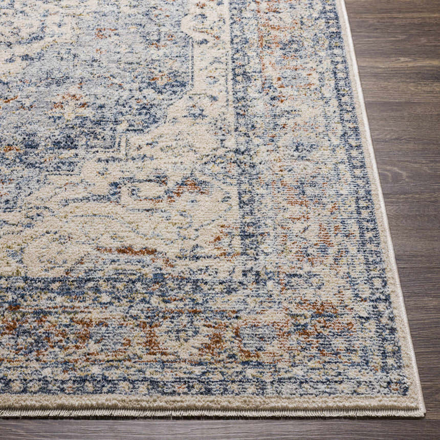 Close up of the Salmo Area Rug showing its traditional cream, navy, and brick red pattern. Front