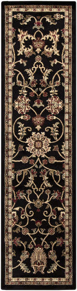 Close-up of the Salona Luxe Black Rug runner with a traditional floral pattern in coral, beige, and dark brown tones. Design-Runner-275