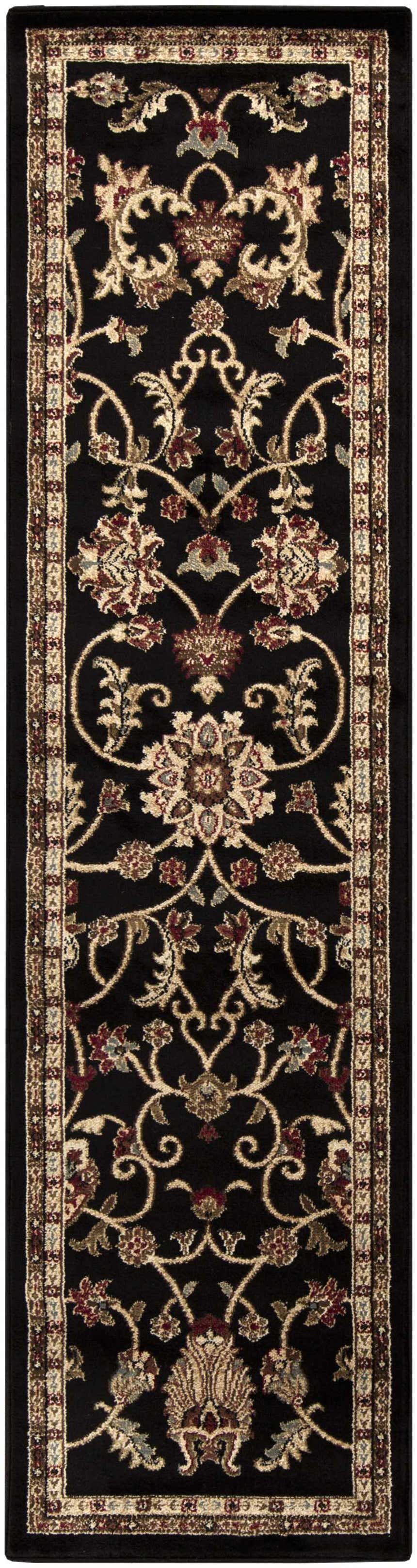 Close-up of the Salona Luxe Black Rug runner with a traditional floral pattern in coral, beige, and dark brown tones. Design-Runner-275