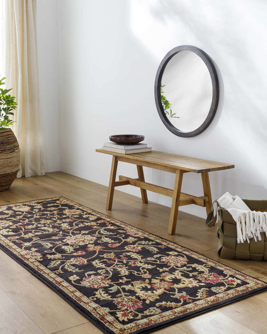 Entryway with wood floors, bench, and round mirror. The Salona Luxe Black Rug runner adds a touch of bohemian style. Roomscene-Runner