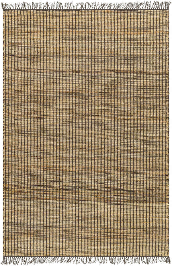 Close-up of the hand-woven Mihal Jute Rug. Features a camel and khaki color palette with a striped pattern and tasseled fringe. Design-Rectangle-576