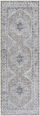 Detailed Athor Washable Rug in dark gray, eggplant, brown, and natural gray. Traditional farmhouse style with a machine-woven design. Design-Runner-27710