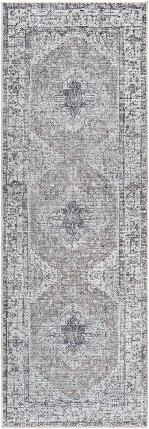Detailed Athor Washable Rug in dark gray, eggplant, brown, and natural gray. Traditional farmhouse style with a machine-woven design. Design-Runner-27710