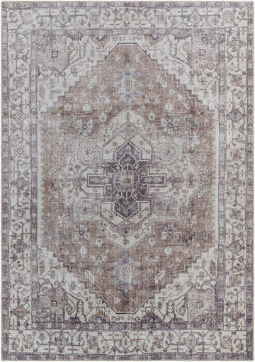 Athor Washable Rug in dark gray, eggplant, brown, and natural gray. Traditional, machine-woven design. Design-Rectangle-5373