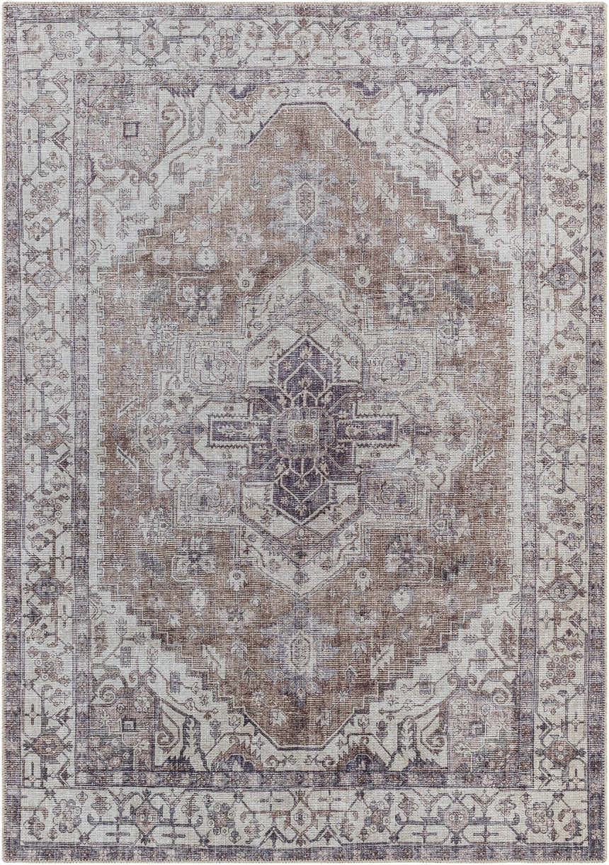 Athor Washable Rug in dark gray, eggplant, brown, and natural gray. Traditional, machine-woven design. Design-Rectangle-5373