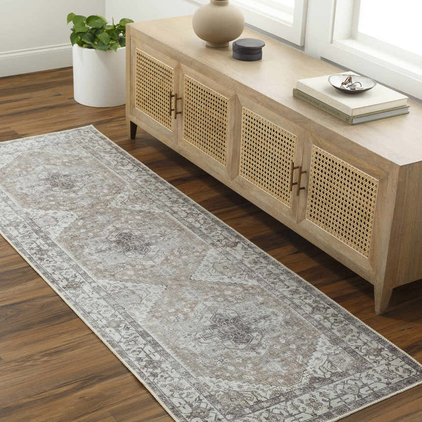 Living room scene with Athor Washable rug in dark gray and brown. Farmhouse style with wood floors and console table. Roomscene-Runner