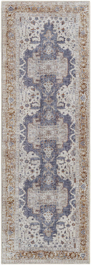 Close-up of the Egor Washable Area Rug. Traditional design in dark beige, ink, and brown tones. Machine woven texture. Design-Runner-27710