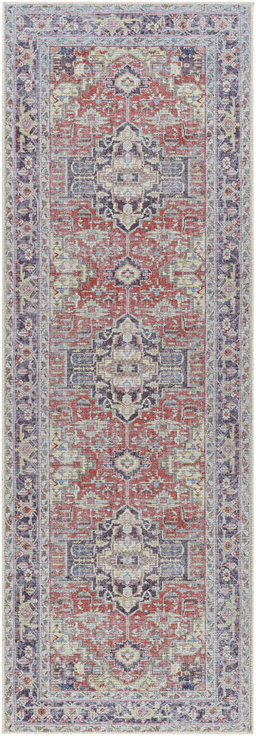 Detailed view of the Reza Red Washable Rug, featuring a traditional, multi-brown, garnet, and bone colored pattern. Design-Runner-27710