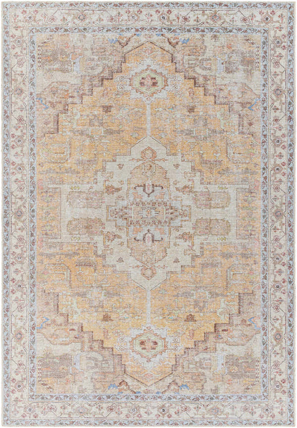 Detailed view of the Reza Mustard Washable Rug, featuring a traditional design in mustard, brown, pink, and gray tones. Design-Rectangle-5373