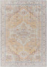 Detailed view of the Reza Mustard Washable Rug, featuring a traditional design in mustard, brown, pink, and gray tones. Design-Rectangle-5373