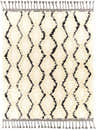Close-up of the hand woven Sangerville Area Rug. Black diamonds on cream wool with fringe. Bohemian style. Design-Rectangle-810