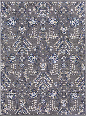 Close-up of the Sapinero Gray Floral Rug, featuring a traditional cream, navy, and gray floral pattern. Design-Rectangle