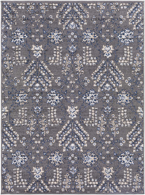 Close-up of the Sapinero Gray Floral Rug, featuring a traditional cream, navy, and gray floral pattern. Design-Rectangle