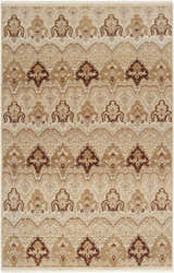 Close-up of the Saratoga Area Carpet. Hand-knotted wool rug in brick red, camel, and light brown with a traditional pattern. Design-Rectangle-5686