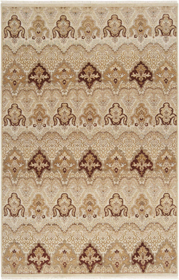 Close-up of the Saratoga Area Carpet. Hand-knotted wool rug in brick red, camel, and light brown with a traditional pattern. Design-Rectangle-5686