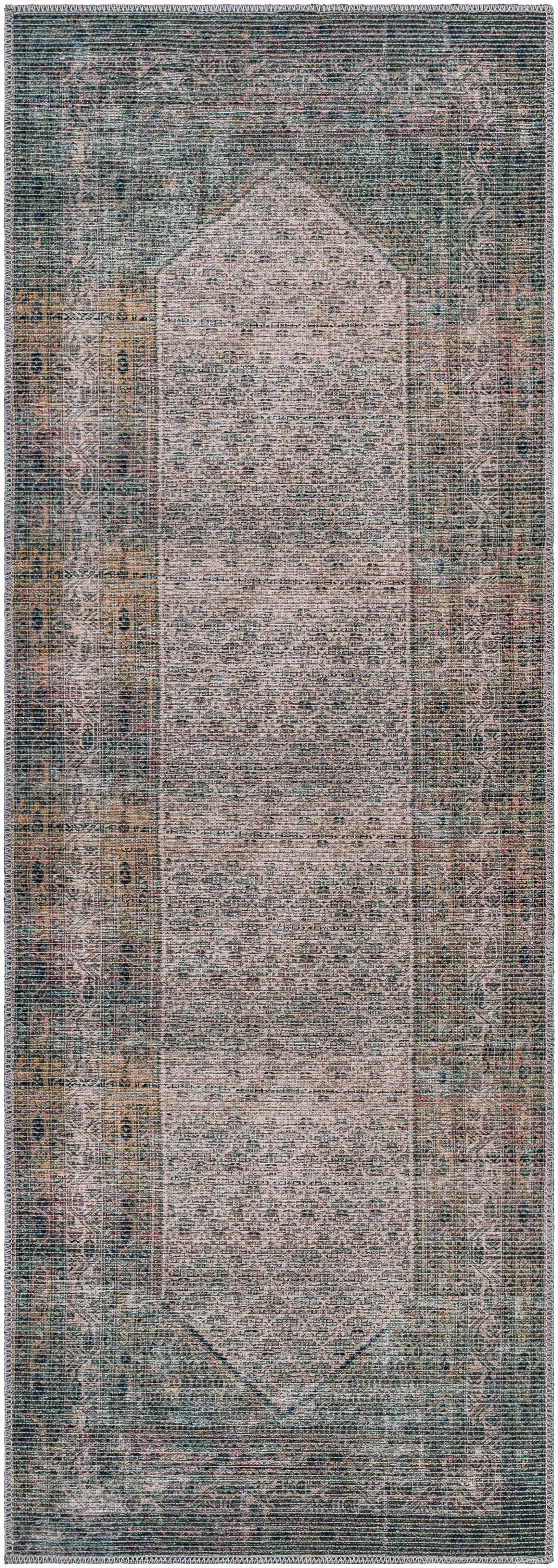 Reverse side of Olive Sariaya Distressed Washable Area Rug - Clearance, focusing on underside structure and material.Traditional Area Rug Backing Canvas 2'7" x 7'3" Runner