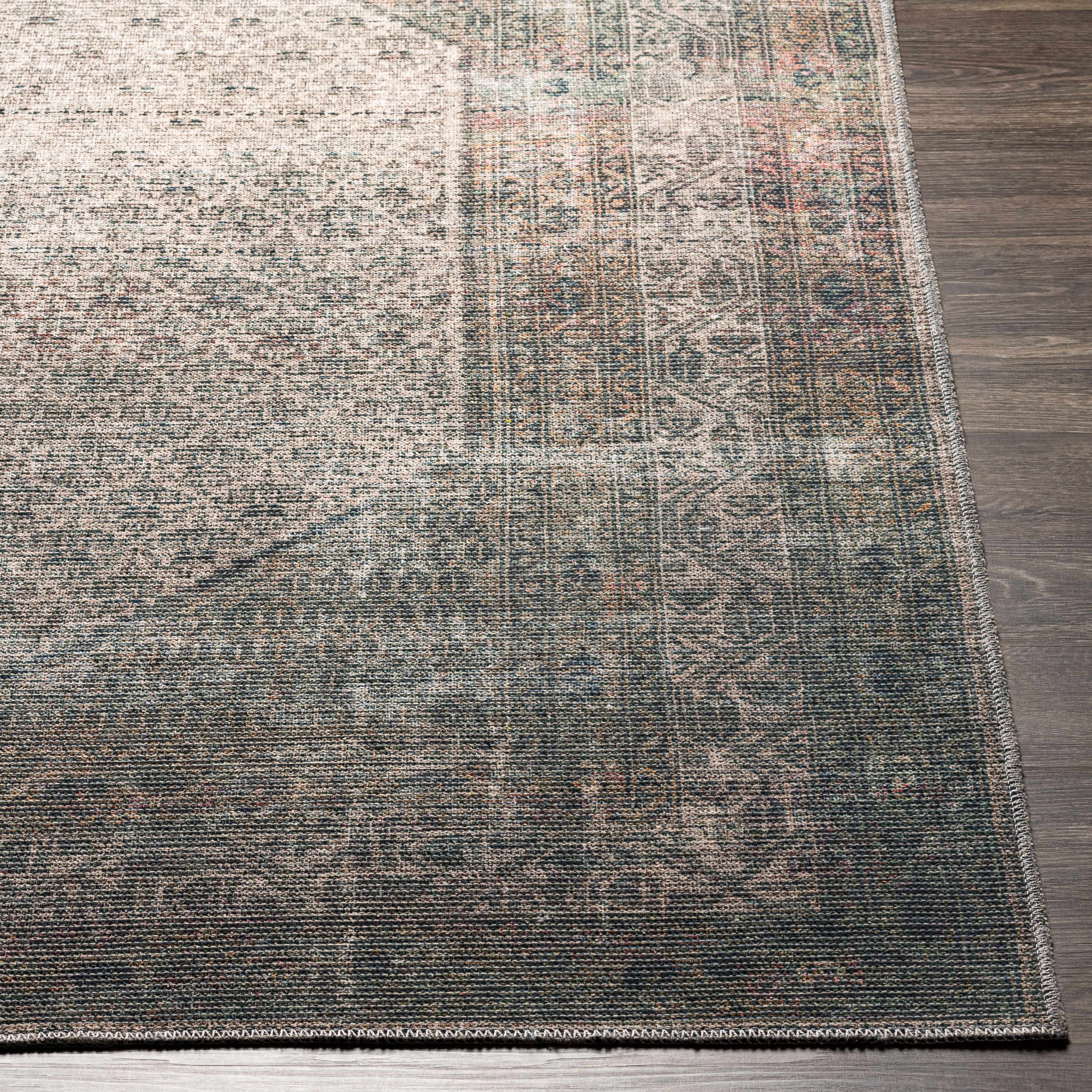 Straight-on shot of Olive Sariaya Distressed Washable Area Rug - Clearance, providing a full look at the design. Traditional Area Rug Backing Canvas 