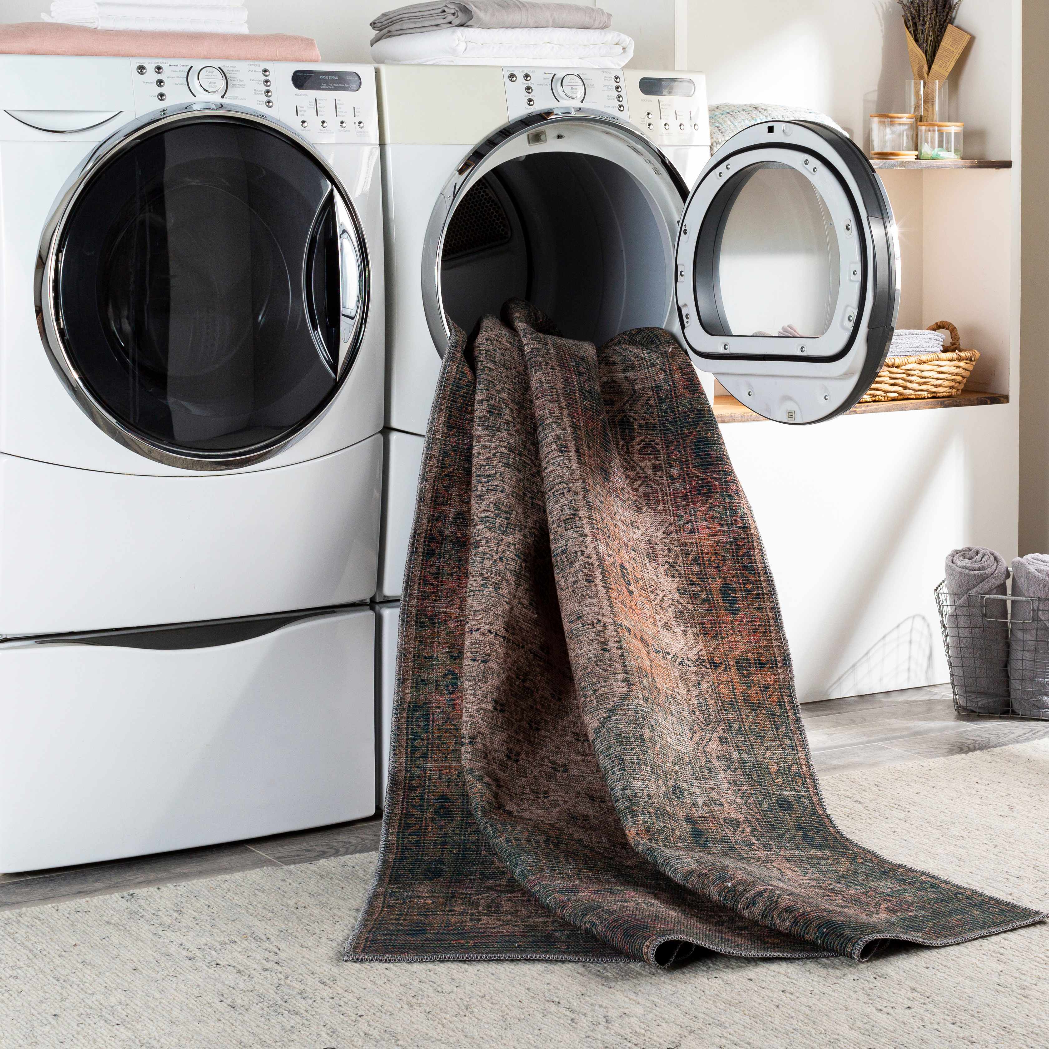 Reverse side of Olive Sariaya Distressed Washable Area Rug - Clearance, focusing on underside structure and material.Traditional Area Rug Backing Canvas 