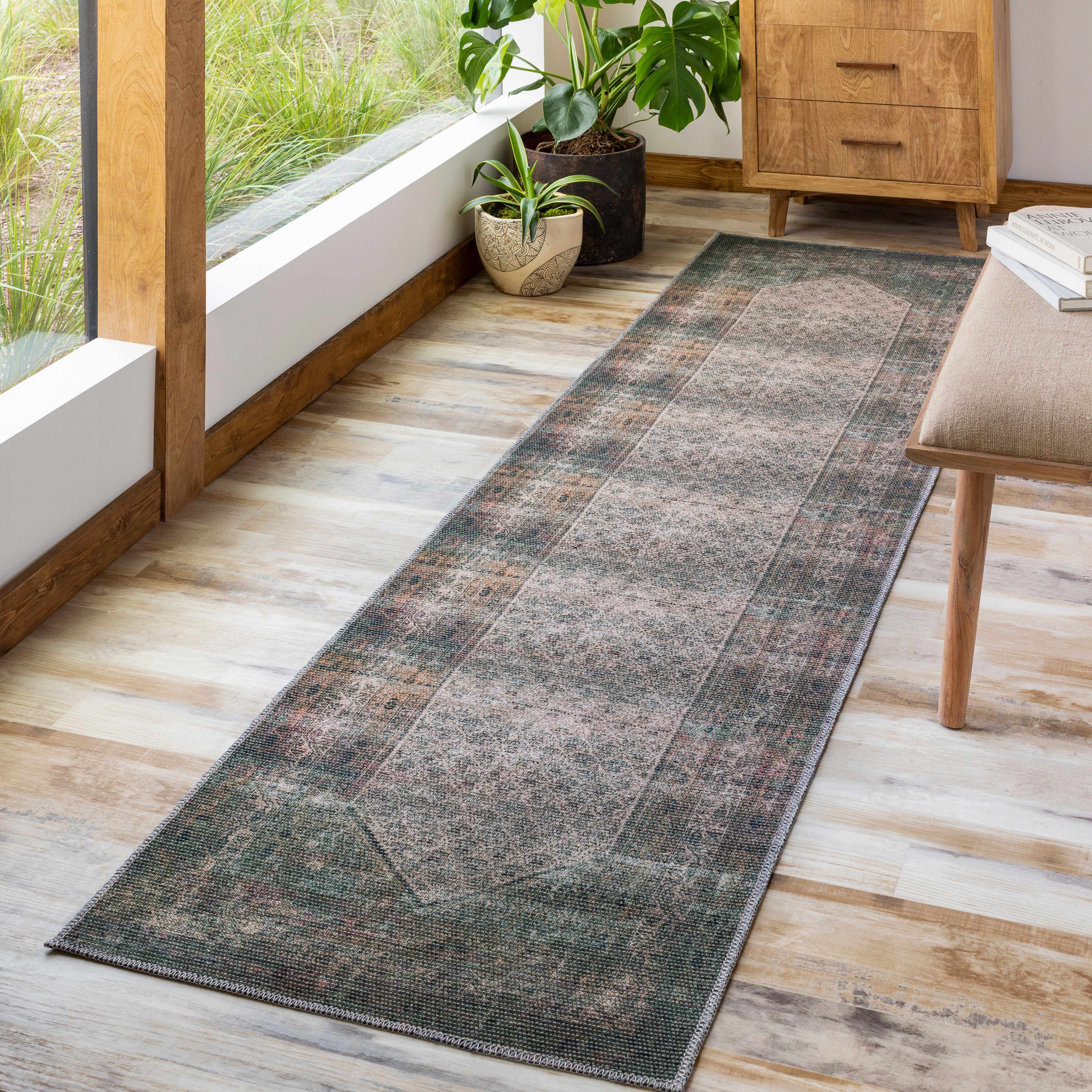 Olive Sariaya Distressed Washable Area Rug - Clearance placed in a styled room setting, harmonizing with surrounding room decor. Traditional Area Rug Backing Canvas 