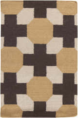 Close-up of a hand woven Satartia Area Rug. Contemporary geometric design in dark brown, light gray, and mustard wool. Design-Rectangle-23