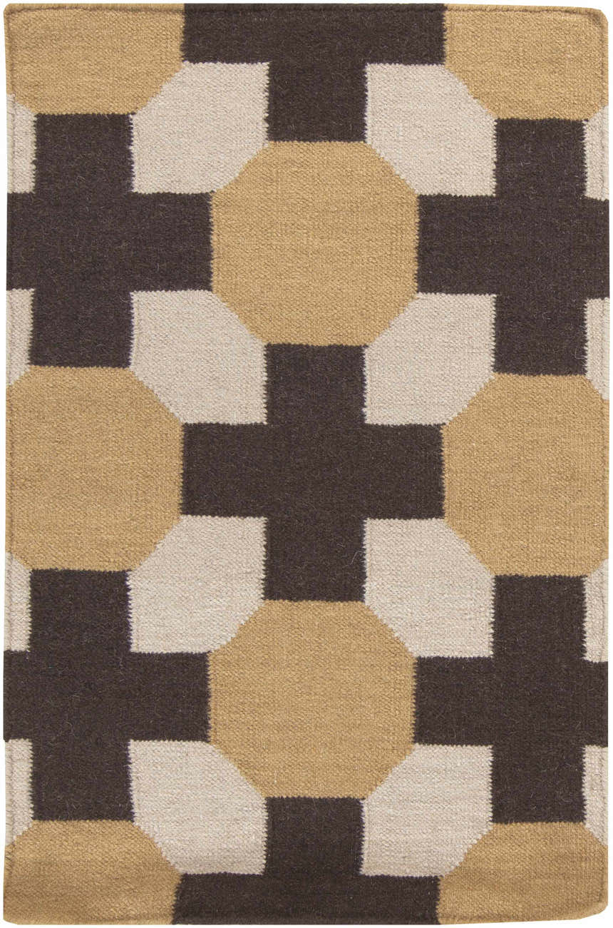 Close-up of a hand woven Satartia Area Rug. Contemporary geometric design in dark brown, light gray, and mustard wool. Design-Rectangle-23