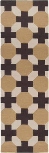 Close-up of the Satartia Area Rug; a brown, light gray, and mustard geometric pattern. Hand woven wool texture. Design-Runner-268