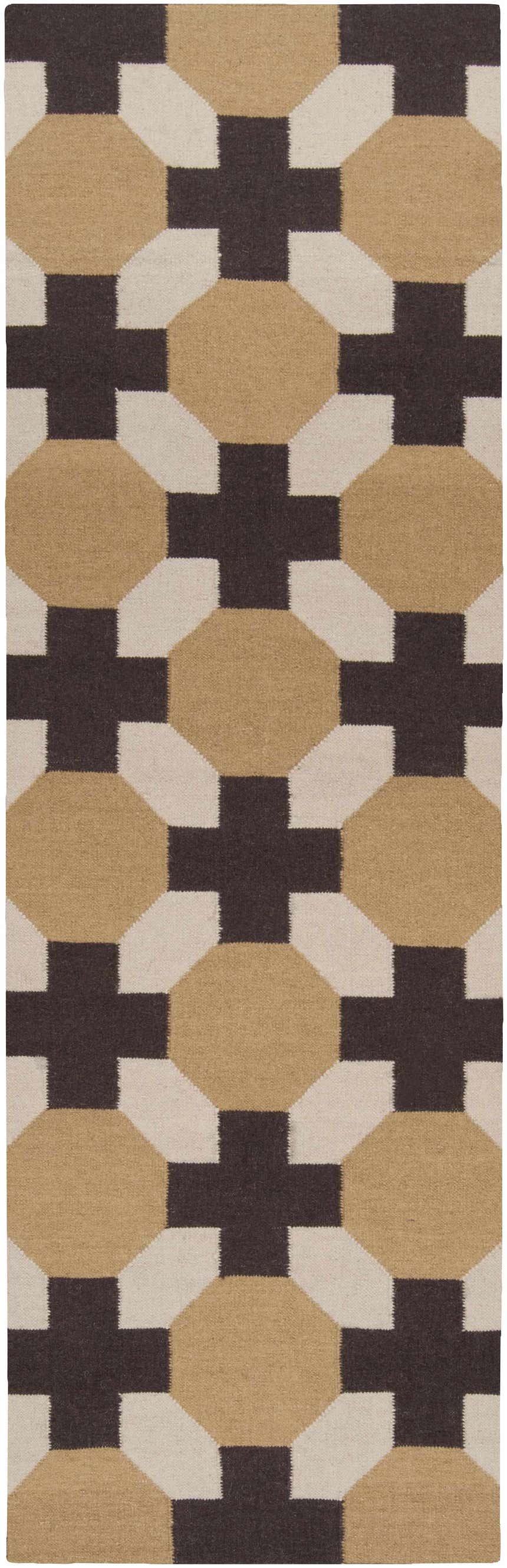 Close-up of the Satartia Area Rug; a brown, light gray, and mustard geometric pattern. Hand woven wool texture. Design-Runner-268