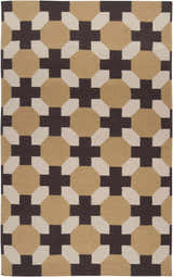 Close-up of the Satartia Area Rug. Hand-woven wool rug with a geometric pattern in dark brown, light gray, and mustard. Design-Rectangle-58