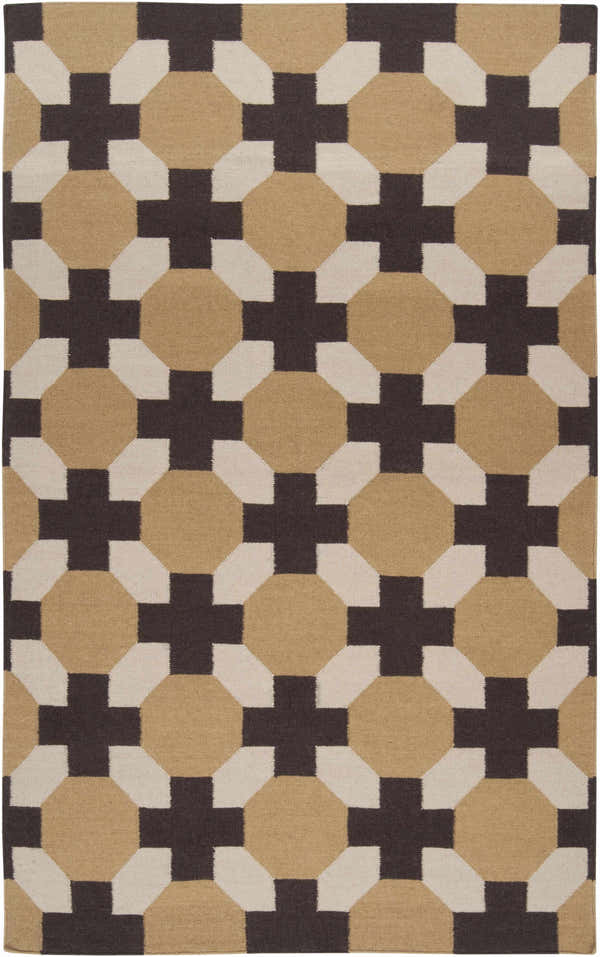 Close-up of the Satartia Area Rug. Hand-woven wool rug with a geometric pattern in dark brown, light gray, and mustard. Design-Rectangle-58