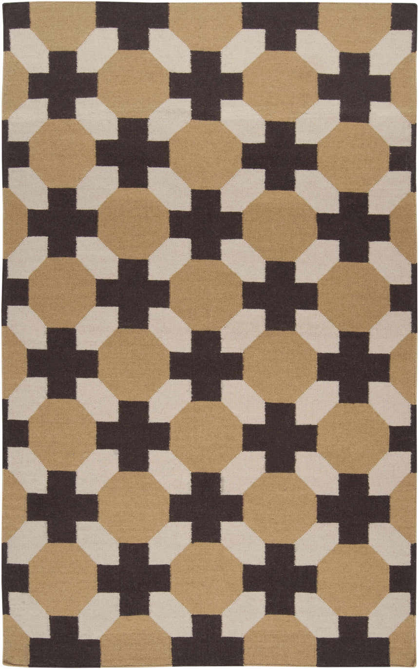 Close-up of the Satartia Area Rug. Hand-woven wool rug with a geometric pattern in dark brown, light gray, and mustard. Design-Rectangle-58