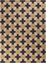 Close-up of the Satartia Area Rug. Dark brown crosses and mustard octagons on a light gray background. Hand woven wool rug. Design-Rectangle-811