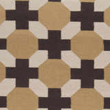 Close-up of the Satartia Area Rug. Dark brown cross and mustard octagon pattern on light gray wool. Hand woven texture. Swatch
