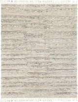 Close-up of the hand-knotted Saundersfoot Area Rug. Features a striped pattern in charcoal, gray, and light beige wool. Design-Rectangle-810