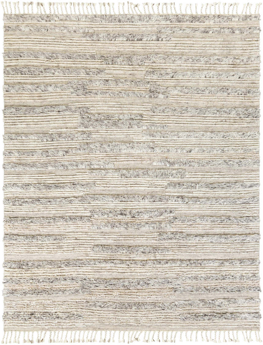 Close-up of the hand-knotted Saundersfoot Area Rug. Features a striped pattern in charcoal, gray, and light beige wool. Design-Rectangle-810