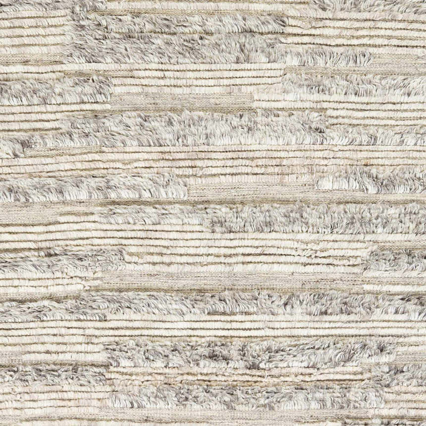Close-up of the Saundersfoot Area Rug, a hand-knotted wool rug in charcoal, gray, and beige with a textured, striped design. Swatch