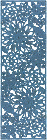 Close-up of the hand woven Sauquoit Area Rug. Blue polypropylene rug with a traditional floral pattern. Design-Runner-268