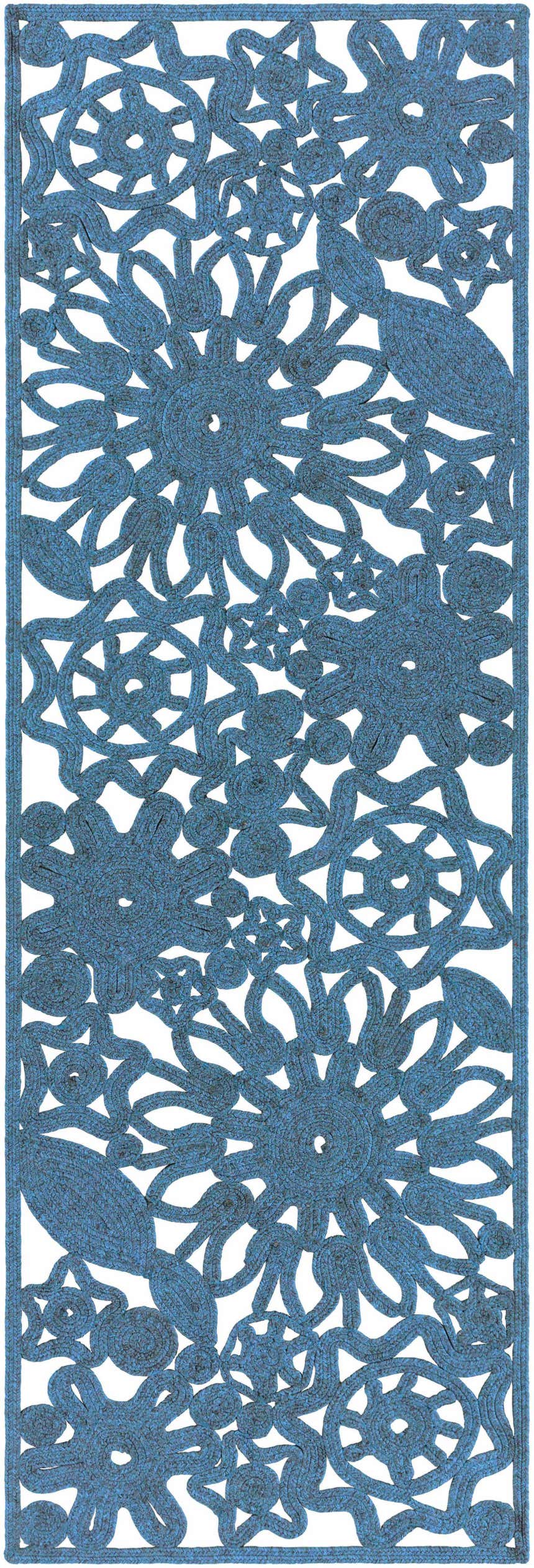 Close-up of the hand woven Sauquoit Area Rug. Blue polypropylene rug with a traditional floral pattern. Design-Runner-268