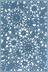Close-up of the blue Sauquoit Area Rug. Hand-woven rug features a floral and leaf pattern. Farmhouse style. Design-Rectangle-576