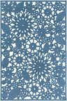 Close-up of the blue Sauquoit Area Rug. Hand-woven rug features a floral and leaf pattern. Farmhouse style. Design-Rectangle-576