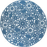 Close-up of the hand woven Sauquoit Area Rug. Round shape with a blue floral and leaf pattern. Farmhouse style. Design-Round-8